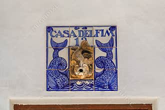 Street sign of house in downtown of Albufeira, Algarve, Portugal