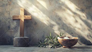 Bowl with ashes, olive branch and cross, symbols of Ash Wednesday