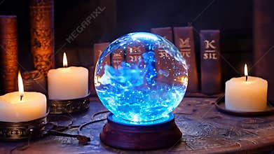 Glowing blue magical crystal ball on a table in a witch's lair surrounded by candles.