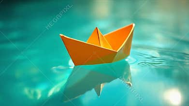 Origami Paper Boat Video Animation Floating on Turquoise Water Beautiful Reflection Orange Craft