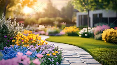 The beautifully designed tiled path in a summer home garden leads through a landscaped backyard adorned with flowers and