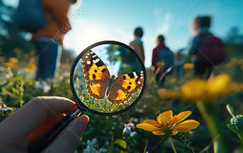 A group of children stands in a vibrant field, captivated by a butterfly magnified through a glass held by one child