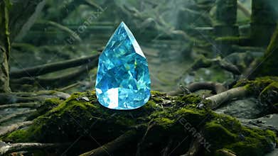Blue magical crystal in the middle of an ancient, dilapidated temple covered in moss and tree roots.