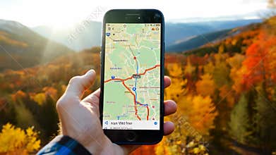 First person view of a hiker using smartphone's GPS app in autumn mountain forest travel.