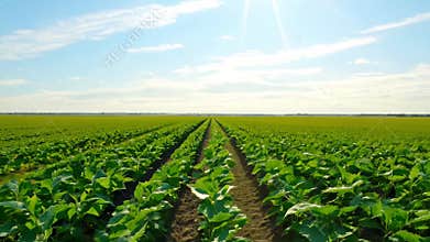 Vast Soybean Field Under a Clear Blue Sky, Highlighting Agricultural Growth, Sustainable Farming, and Rural Landscapes