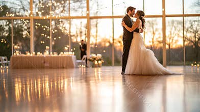 In a romantic studio setting, the essence of a wedding celebration is captured, with a lovely empty dance floor
