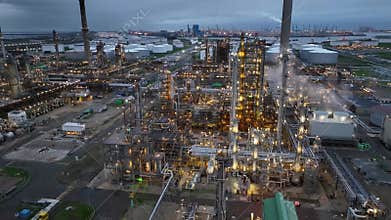 Aerial view of chemical plant at sunset. Drone shot. Billowing steam from smoke stack filling sky.