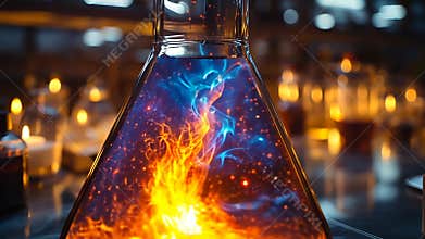 Mysterious glowing potion in a laboratory flask, fantasy and alchemy concept