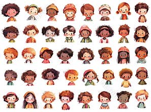 Set of cute cartoon ethnic children face clipart, isolated kids head clipart, watercolor boys and girls faces