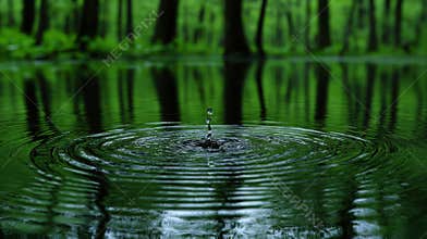 Water Drop Ripples in a Dark Green Forest Reflection