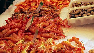 Seafood at fish market in Barcelona, Spain