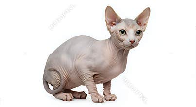 Pinkish Grey Hairless Sphynx Cat Sitting, Studio Shot, Photorealistic, White Background