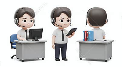 Three Poses Of A Chibi Korean Male Customer Service Representative 3D Model