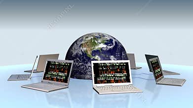 Earth and laptops with random numbers on screen, stock footage