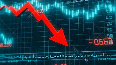 A glowing red arrow falls across a digital stock market interface, showing a major financial downturn. 4k Video footage
