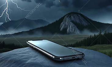 Post-apocalyptic elegance – a futuristic smartphone against a stormy mountain landscape.