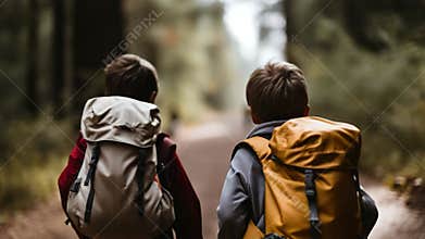 Boys Backpacking Hiking in Forest