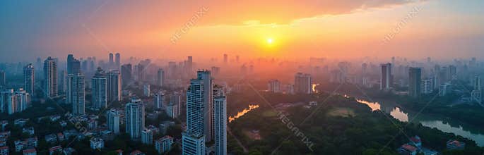 Panoramic view Mumbai skyline sunset. Dense urban development juxtaposed with green areas. City features tall skyscrapers,