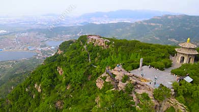 Aerial footage of the highest peak and observation platform of Huaguoshan Scenic Area in Lianyungang 4K
