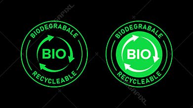 BIO Biodegradable Certified Badge Logo Animation on Black Background Eco Friendly recycle Compostable Label Loop for Sustainable