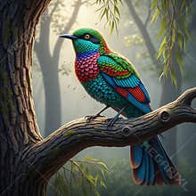 An AI generated image of colorful bird perching on a branch in forest