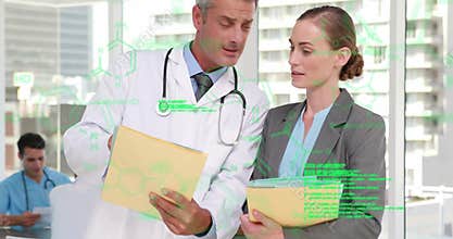 Animation of data processing over diverse doctors talking with clipboards