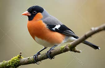 Male Eurasian bullfinch Pyrrhula pyrrhula sits on tree branch. Winter avian fauna with black cap, grey back, orange belly.