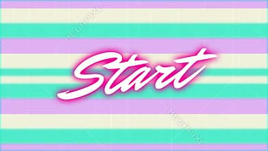 Cursive Start typography floating across retro pastel stripes, glowing with neon pink effect