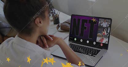 woman viewing purple panel while NFT letters animating star graphics drifting during tech meeting