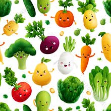Cute cartoon vegetables pattern with smiling faces on white background