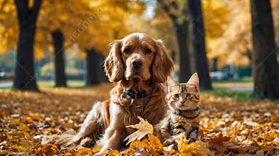 Dog and cat relaxing together in autumn leaves