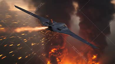 Futuristic Stealth Bomber Conducts a Dramatic Combat Mission Over a Fiery, Apocalyptic Warzone