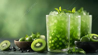 Refreshing green kiwi bubble tea with mint leaves in glass on table surface.