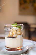 A delicious dessert featuring creamy ice cream, drizzled with caramel sauce, and garnished with a mint leaf on a stylish plate