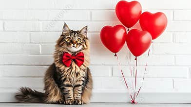 Fluffy Cat with Red Bow Tie and Heart Balloons, Concept of Valentine's Day, Animal Companionship, and Festive