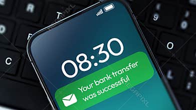 Smartphone Screen Showing Successful Bank Transfer Notification Over Keyboard for Mobile Banking, Fintech Branding