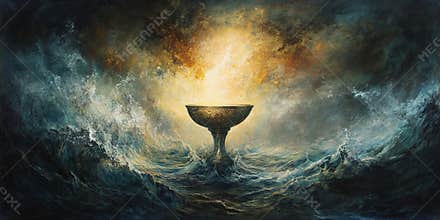Mystical Golden Chalice Amidst Stormy Ocean Waves Illuminated by Ethereal Light
