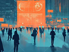 A futuristic night scene of a plaza with people walking towards the camera, surrounded by high-tech architecture and