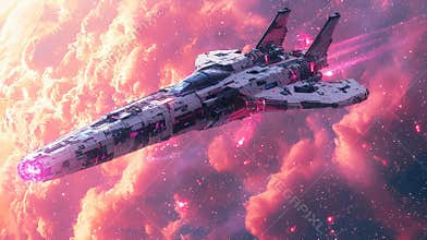 Futuristic starship in vibrant pink nebula