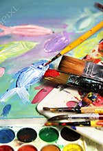 Art palette, picture and mix of paintbrushes