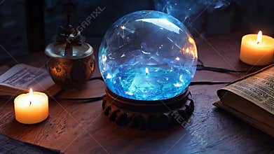 Glowing blue magical crystal ball on a table in a witch's lair surrounded by candles.