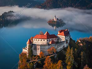Bled, Slovenia - Aerial view of beautiful Bled Castle with Lake Bled, the Church of the Assumption of Maria