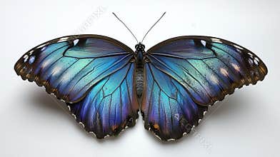 Iridescent blue wings of menelaus blue morpho butterfly exhibit stunning display of color and detail. butterfly rests