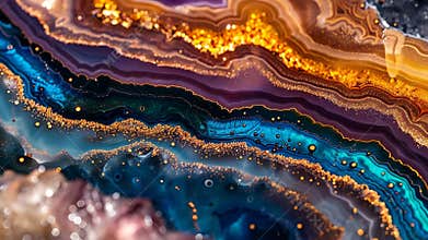 This vibrant agate formation features stunning layers of blue, purple, and gold, highlighting the intricate patterns and textures