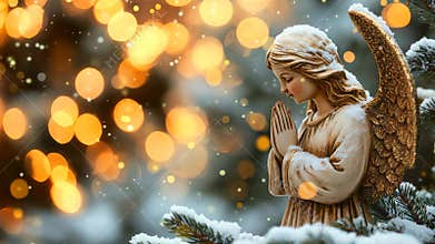 Angel is prating on bokeh blurry Christmas background