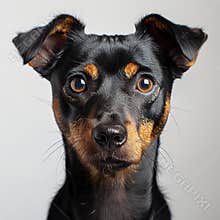 Close-up view of attentive small breed dog with black and brindle coat against a light background - AI-Generated