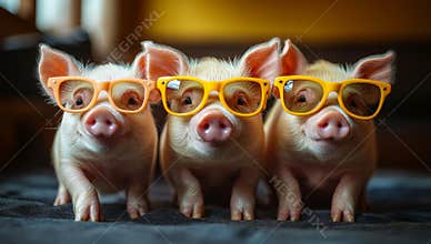 Cute pigs wearing glasses in indoors