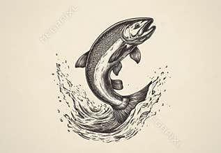 A linear drawing of salmon and trout fish, designed in a vintage retro print style, featuring black and white ink and