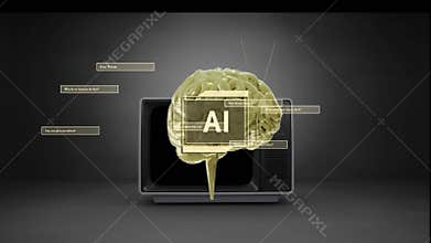 AI brain animation over retro television with various question prompts