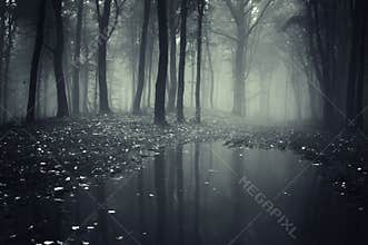 Dark spooky forest with mysterious fog and lake
